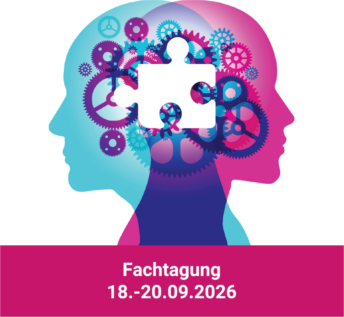 Grafik in magenta und türkis mit zwei Köpfen, die sich überschneiden und dem Datum der Veranstaltung darunter