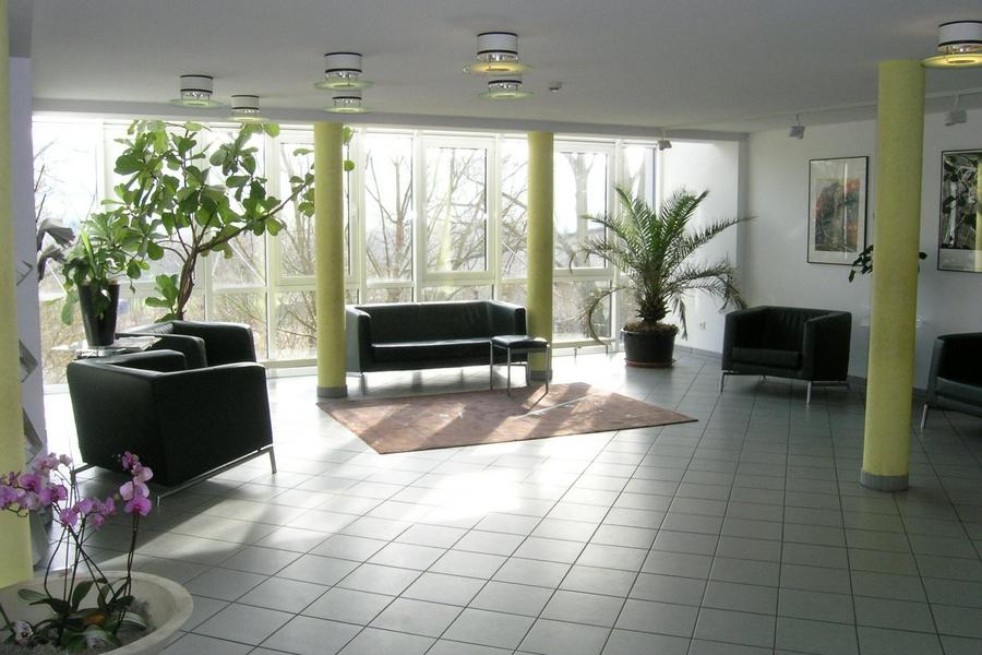 Lichtdurchfluteter Raum mit grünen Säulen und Sofas