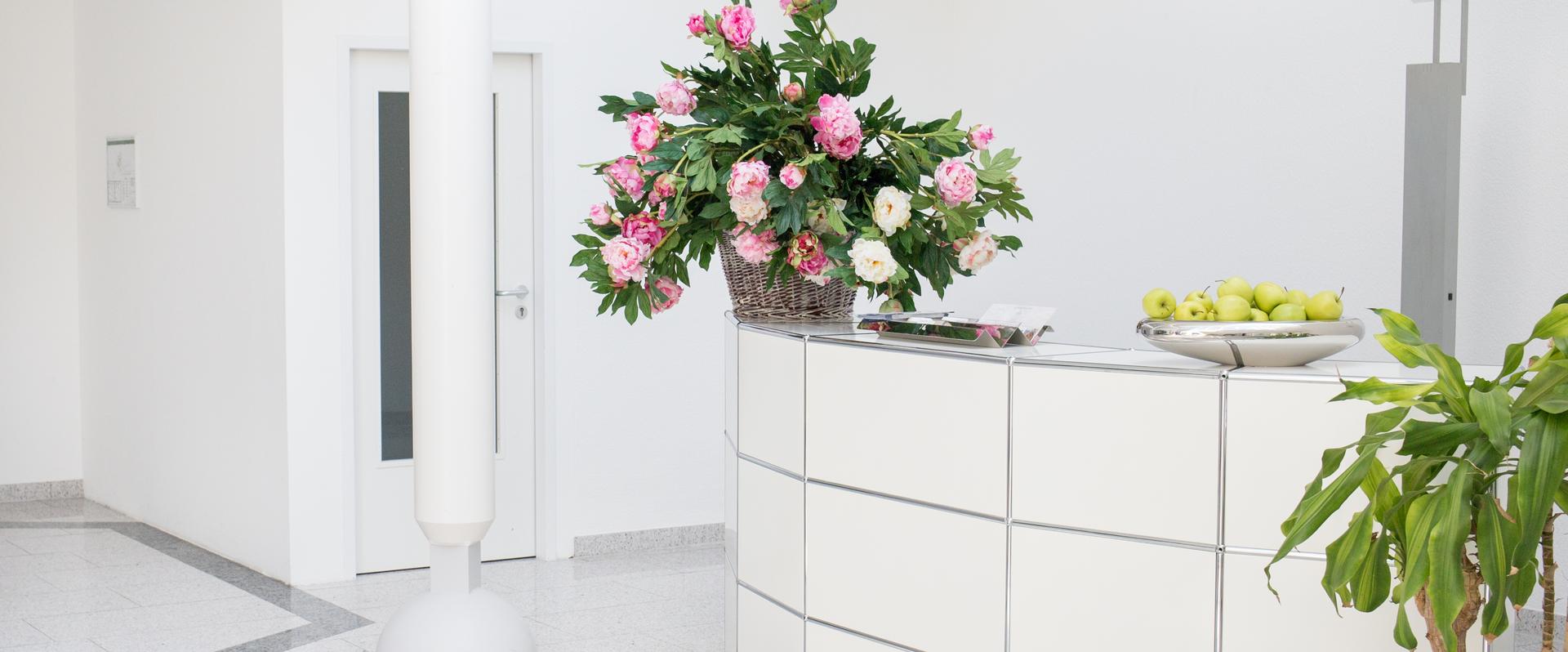Heller Empfangsbereich mit weißer Theke und Pflanzen