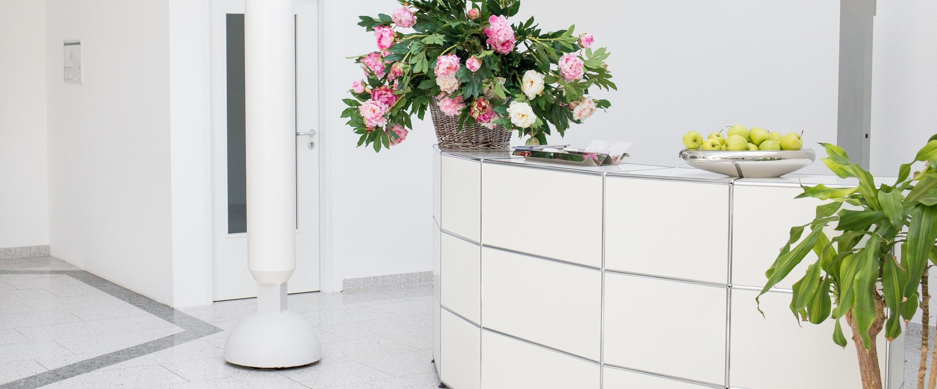 Heller Empfangsbereich mit weißer Theke und Pflanzen