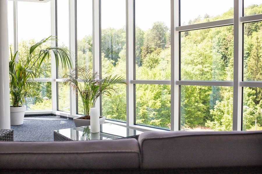 Lichtdurchfluteter Raum mit Wänden aus Fenstern, eingerichtet mit Sofa und Pflanzen